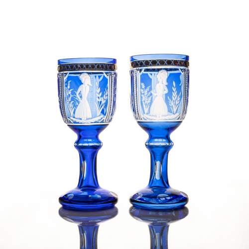 Pair of Antique Continental Blue Flash Cut Goblets image-1