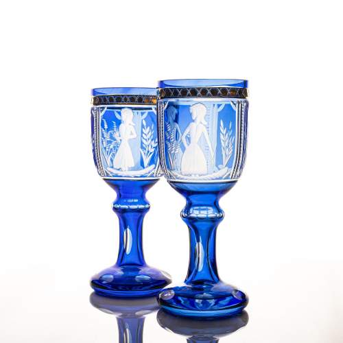 Pair of Antique Continental Blue Flash Cut Goblets image-3