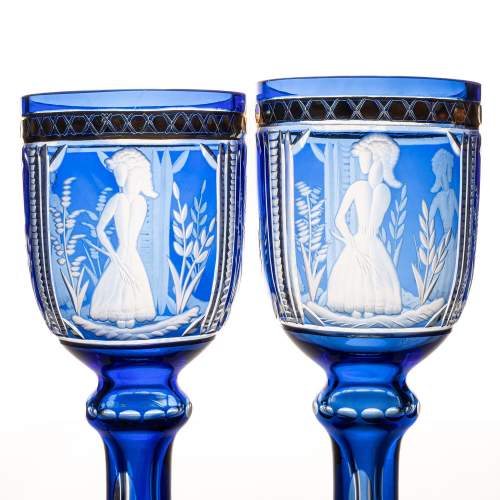 Pair of Antique Continental Blue Flash Cut Goblets image-4