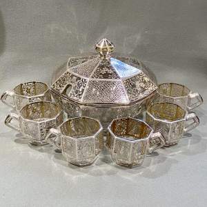 Art Deco Silver Overlay Punch Bowl and Six Glasses