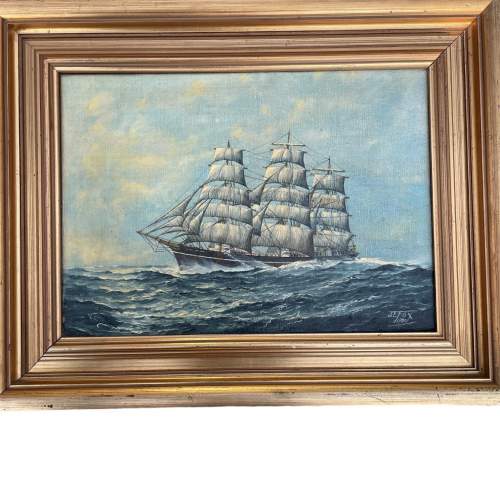 Four Masted Sailing Ship Oil on Canvas signed J E Fox 1980 image-1