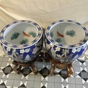Matching Pair of Chinese Koi or Goldfish Bowls