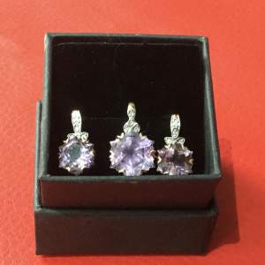 Pair of 9K Gold Amethyst and Diamond Earrings with Pendant