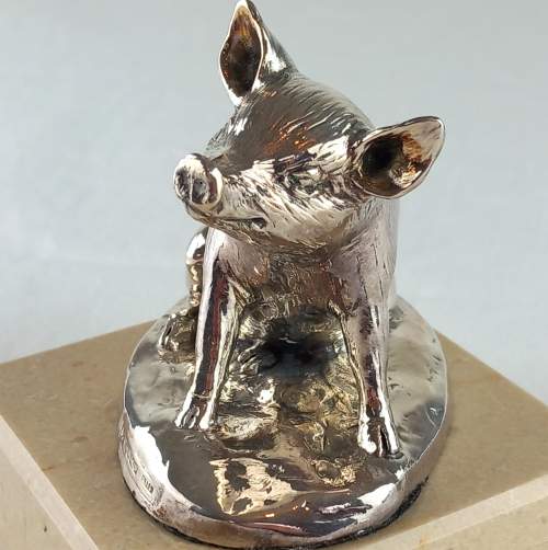 Silver Happy Pig mounted on later Marble Base - Hallmarked 2014 image-1