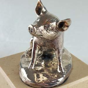 Silver Happy Pig mounted on later Marble Base - Hallmarked 2014