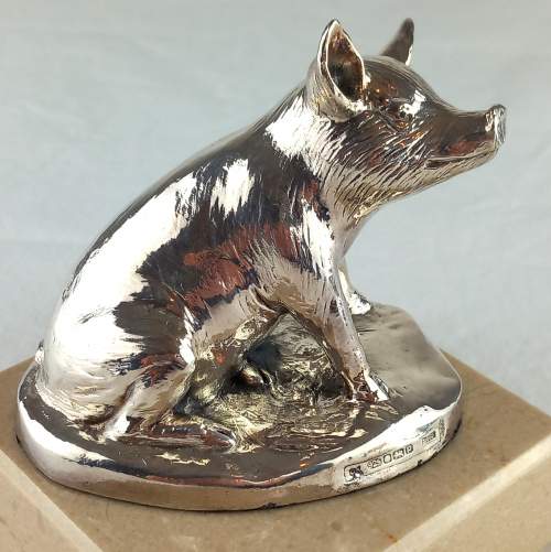 Silver Happy Pig mounted on later Marble Base - Hallmarked 2014 image-2