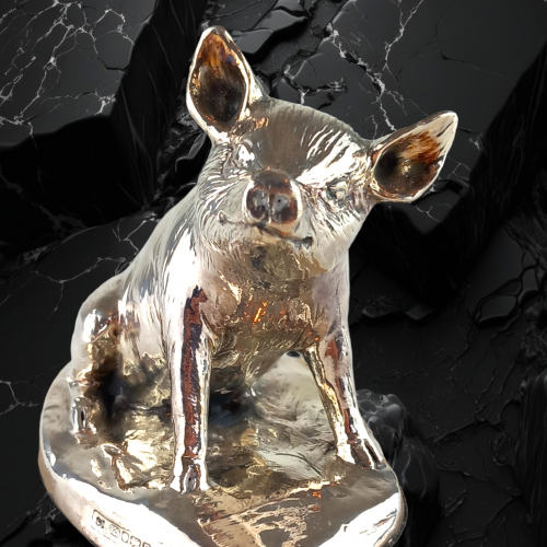 Silver Happy Pig mounted on later Marble Base - Hallmarked 2014 image-3