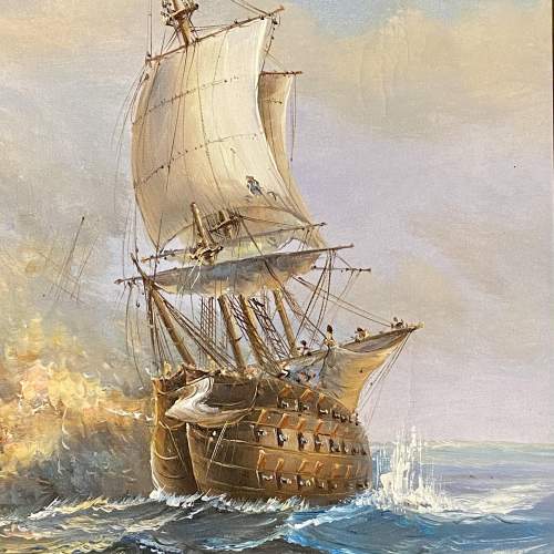 Vintage Oil on Canvas Painting of a Pair of Galleons image-3