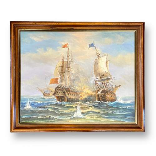 Vintage Oil on Canvas Painting of a Pair of Galleons image-1