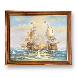 Vintage Oil on Canvas Painting of a Pair of Galleons
