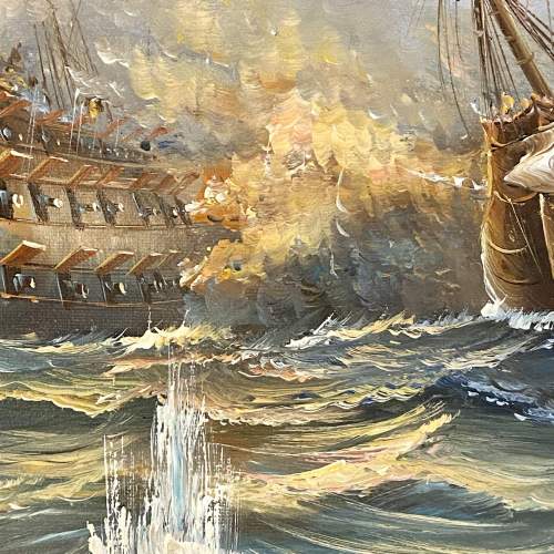 Vintage Oil on Canvas Painting of a Pair of Galleons image-4