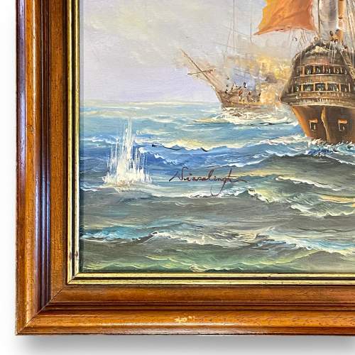 Vintage Oil on Canvas Painting of a Pair of Galleons image-5