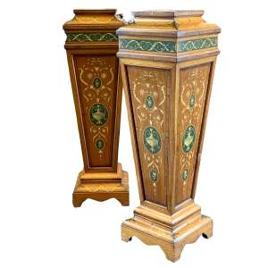 Pair of Edwardian Hand Decorated Satinwood Pedestals