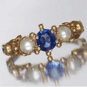 Gold Sapphire and Pearl 3 Stone Ring