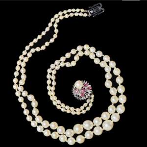 2-Row South Sea Pearl Necklace with Gold and Ruby Clasp