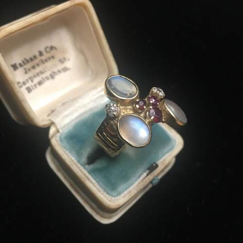 Rare Vintage 9ct Gold Moonstone, Diamond and Ruby Ring image-1