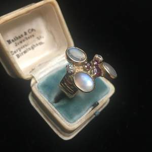 Rare Vintage 9ct Gold Moonstone, Diamond and Ruby Ring