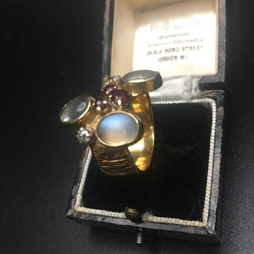 Rare Vintage 9ct Gold Moonstone, Diamond and Ruby Ring image-4
