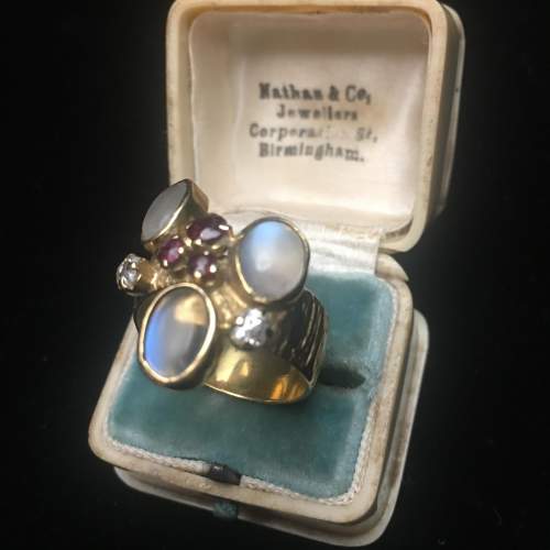 Rare Vintage 9ct Gold Moonstone, Diamond and Ruby Ring image-5