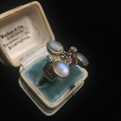 Rare Vintage 9ct Gold Moonstone, Diamond and Ruby Ring image-6