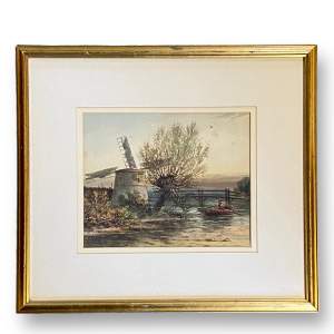 William Knox Windmill and Rowing Boat Watercolour Painting
