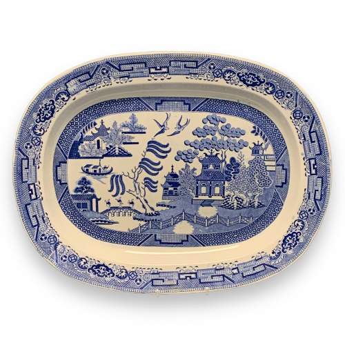 19th Century Willow Pattern Large Blue & White Meat Plate image-1