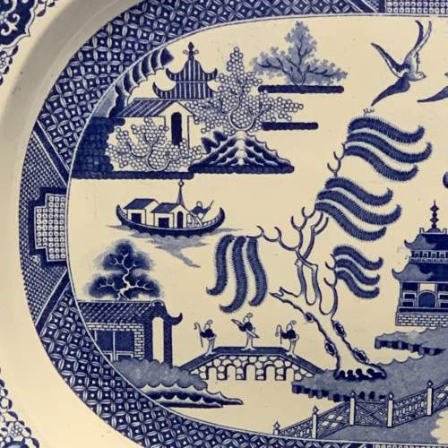 19th Century Willow Pattern Large Blue & White Meat Plate image-5