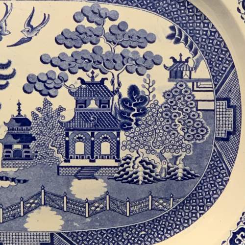 19th Century Willow Pattern Large Blue & White Meat Plate image-6