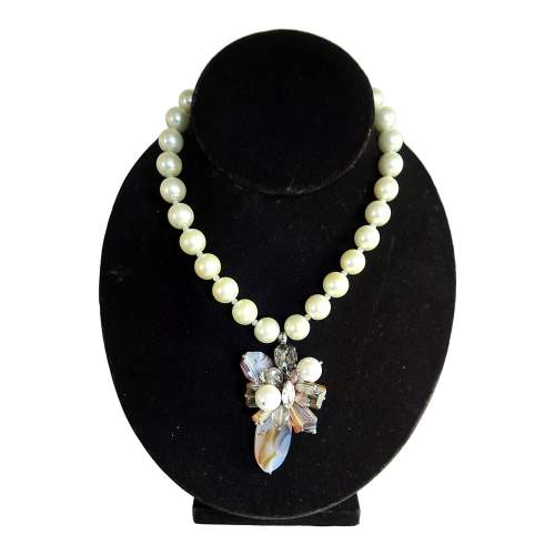 Vintage 1980's Statement Faux Pearl & Crystal Costume Necklace image-2