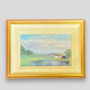Vintage Oil on Board Painting of an Irish Lakeside Cottage