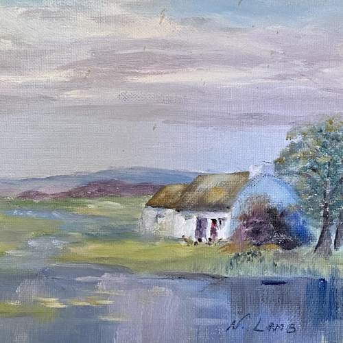 Vintage Oil on Board Painting of an Irish Lakeside Cottage image-3