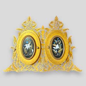 19th Century Brass Double Photo Frame with Pietra Dura Decoration