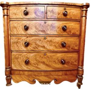 Tall Five Drawer Flame Mahogany Chest - Late Victorian