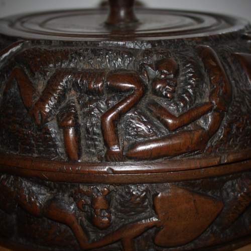 African Hardwood Relief Carved Circular Bowl and Cover image-2
