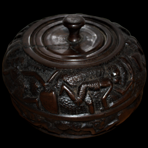 African Hardwood Relief Carved Circular Bowl and Cover image-1