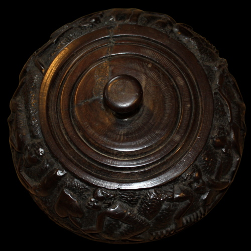 African Hardwood Relief Carved Circular Bowl and Cover image-3