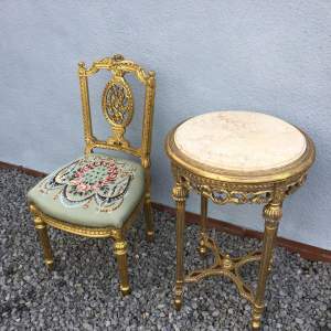 Marble Topped and Gilded Table and Matching Chair