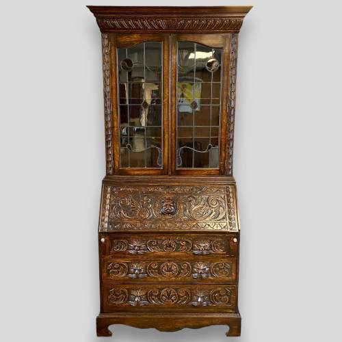 Victorian Profusely Carved Oak Bureau Bookcase image-1