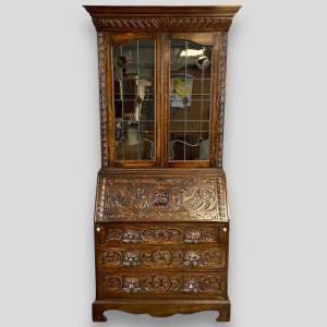 Victorian Profusely Carved Oak Bureau Bookcase