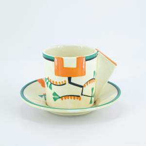 A 1930s Clarice Cliff Coffee Can and Saucer in the Ravel Pattern