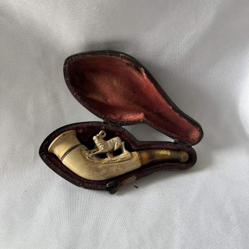 19th Century Carved Hare Meerschaum Pipe with Amber Stem in Case image-1