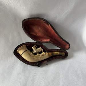 19th Century Carved Hare Meerschaum Pipe with Amber Stem in Case