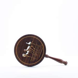 A Vintage Turned Wooden Hand Mirror Inlaid With Birds