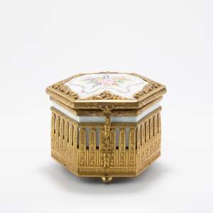 Antique Victorian Gilt Metal and Porcelain Swiss Musical Box