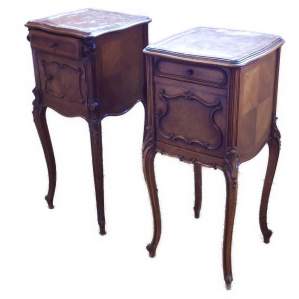 A Pair of French Kingwood & Walnut Marble Top Pot Cupboards
