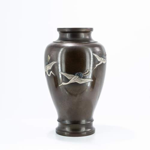 Antique Japanese Bronze Vase with Cranes image-1