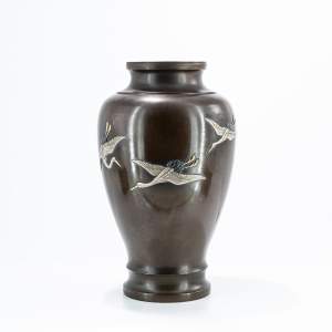 Antique Japanese Bronze Vase with Cranes