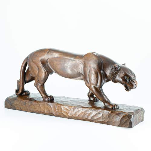 A Large Vintage Signed French Walnut Carving of a Panther image-1