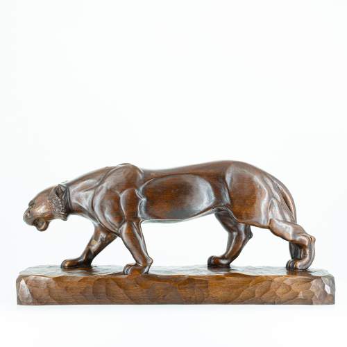 A Large Vintage Signed French Walnut Carving of a Panther image-3