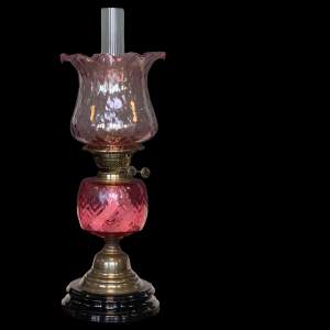 Early 20th Century Veritas Cranberry Glass Oil Lamp